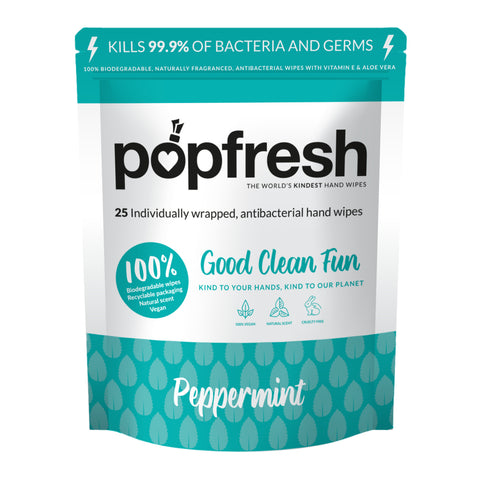 Peppermint scented Popfresh hand wipes 25 pack – antibacterial and biodegradable with vitamin E and aloe vera