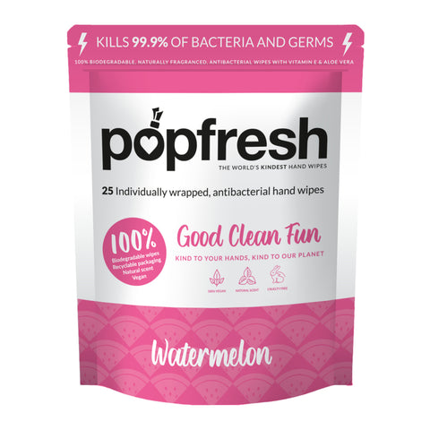 Watermelon scented Popfresh hand wipes 25 pack – antibacterial and biodegradable with vitamin E and aloe vera