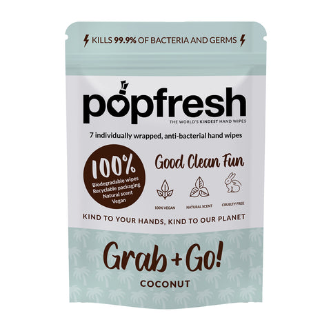 Coconut scented Popfresh hand wipes Grab & Go 7 pack – antibacterial and biodegradable with vitamin E and aloe vera