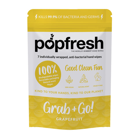 Grapefruit scented Popfresh hand wipes Grab & Go 7 pack – antibacterial and biodegradable with vitamin E and aloe vera