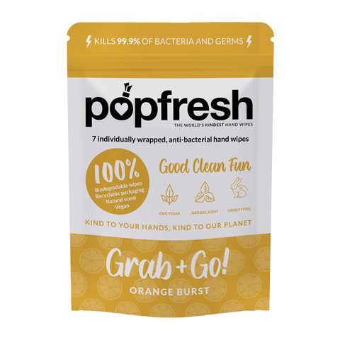 Orange scented Popfresh hand wipes Grab & Go 7 pack – antibacterial and biodegradable with vitamin E and aloe vera