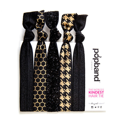 Nightlife | Printed Popband Hair Bands | Black Hair Ties with Gold Houndstooth Print